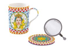 0105 SICI Fine China Porselen Kulplu Bardak Kapaklı ve Metal Demlikli 350 ml - KERVAN