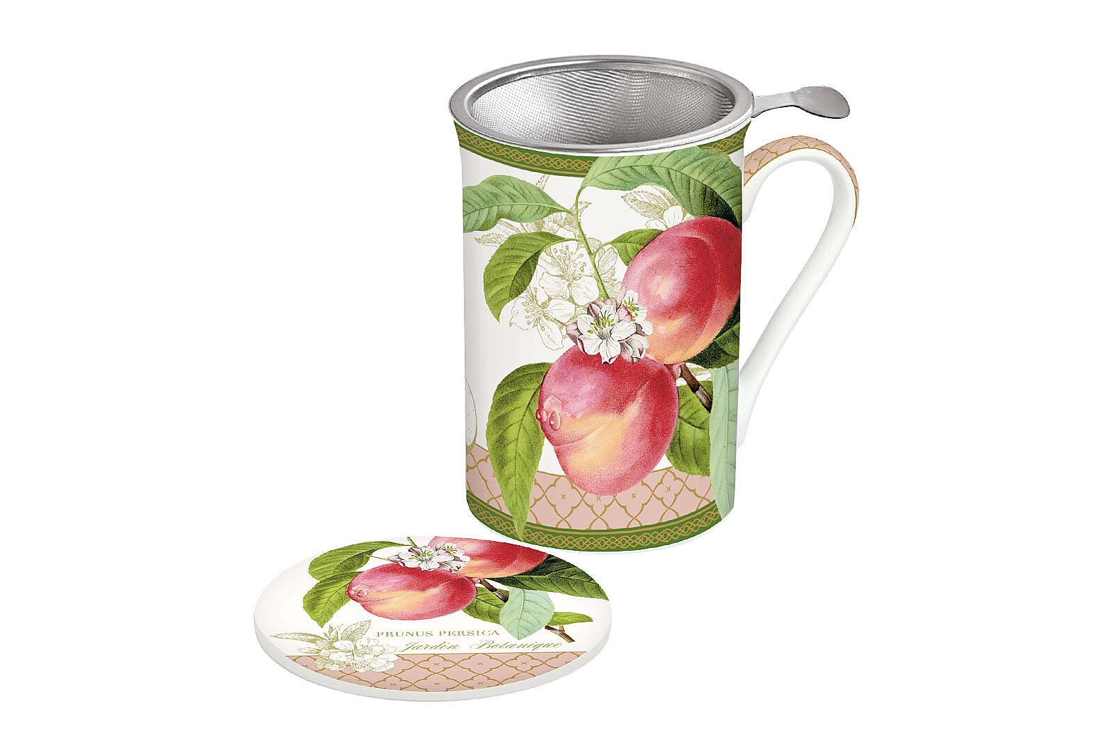 0280 JBOP  Fine China Porselen Kulplu Bardak Kapaklı ve Metal Demlikli 300 ml - Peach