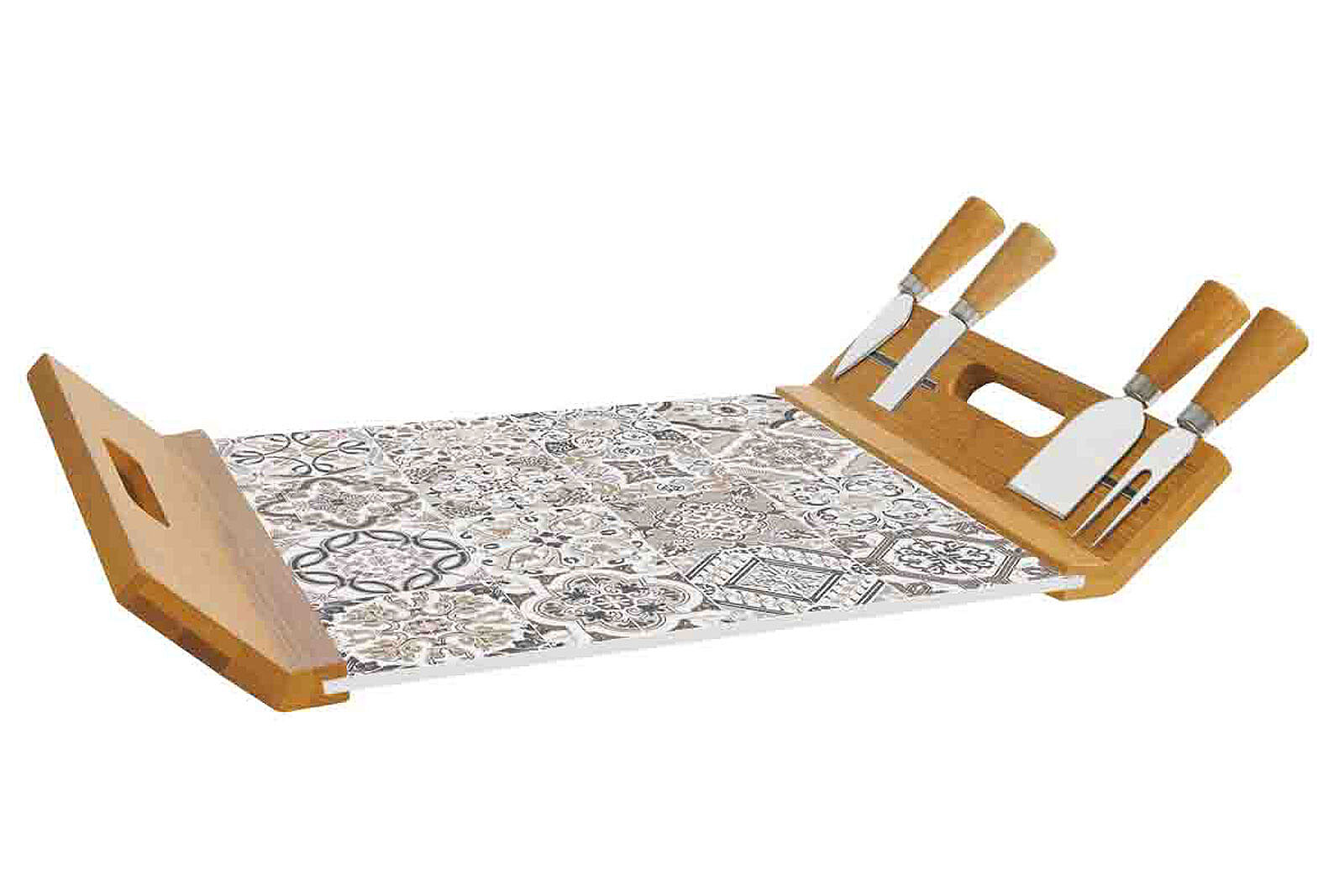 0890 CADG PEYNİR SERVİS TEPSİSİ 44X28 BAMBU/CAM PANOLU VE 4 BIÇAKLI GRİ