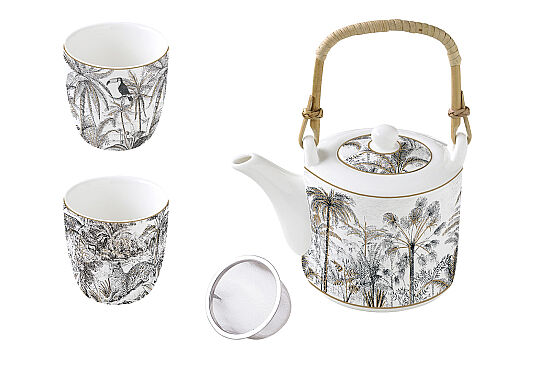 1467 RETR Porselen Çaydanlık ve 2'li Fincan Seti 600 ml / 160 ml - Metal Demlikli - 1