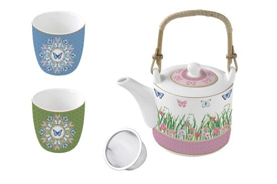 1467 SPAR Porselen Çaydanlık ve 2'li Fincan Seti 600 ml / 160 ml - Metal Demlikli - 1