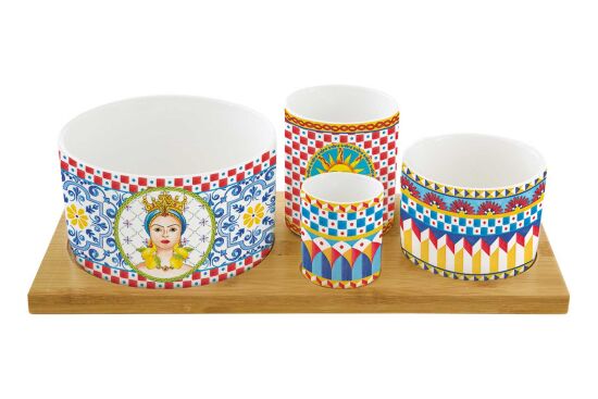 1468 SICI 4 Parça Porselen Meze Seti Bambu Tepsili 29 x 13 cm - 1