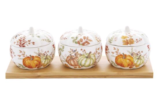 1576 HARV 3 Parça Porselen Kavanoz Seti Bambu Tepsili - 1