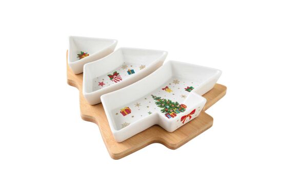 2180 CHOR 3 Parça Porselen Meze Seti Bambu Tepsili 25,5 x 21 cm - 1