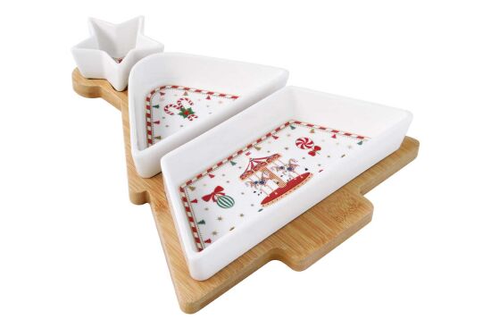 2190 CHWO 3 Parça Porselen Meze Seti Bambu Tepsili 21 x 25 cm - 1