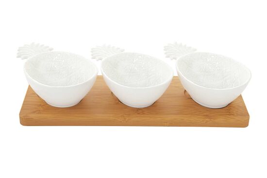 3027 PIWH 3 Parça Porselen Meze Seti Bambu Tepsili 29 x 11 cm - Beyaz - 1