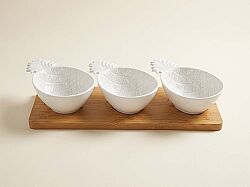 3027 PIWH 3 Parça Porselen Meze Seti Bambu Tepsili 29 x 11 cm - Beyaz - KERVAN