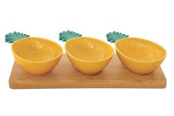 3027 PIYG 3 Parça Porselen Meze Seti Bambu Tepsili 29 x 11 cm - Sarı-Yeşil - KERVAN