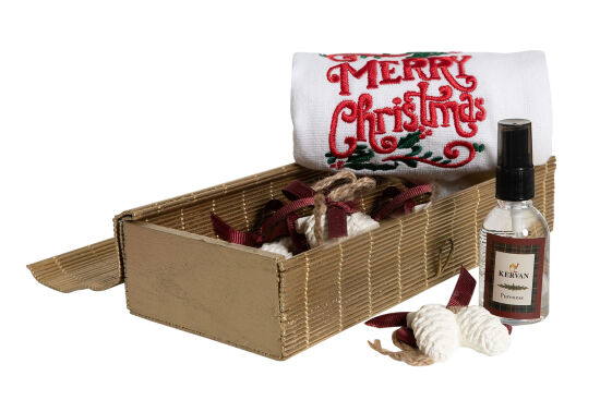 6'LI KOZALAK KOKU TAŞI/MERRY CHRISTMAS NAKIŞLI HAVLU 50x75 cm KUTULU SET BEYAZ - 1