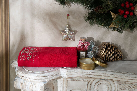 BANYO TUZU/ÇAM AĞACI TAŞLI HAVLU 45x70 cm KUTULU SET KIRMIZI - 5