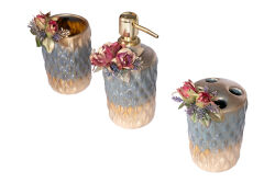 ÇİÇEKLİ BANYO SET 3'LÜ ZYB1996 (SIVI SABUNLUK-DIS FIRCALIK-PAMUKLUK) - 2