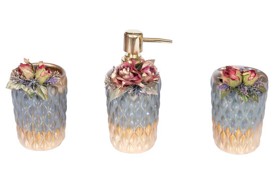 ÇİÇEKLİ BANYO SET 3'LÜ ZYB1996 (SIVI SABUNLUK-DIS FIRCALIK-PAMUKLUK) - 3