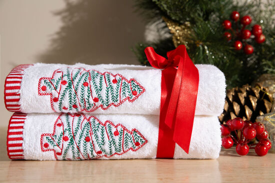 İKİLİ 45X70 cm ÇAM AĞAÇ NAKIŞLI HAVLU BEYAZ-KIRMIZI - 3