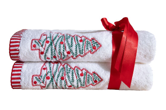 İKİLİ 45X70 cm ÇAM AĞAÇ NAKIŞLI HAVLU BEYAZ-KIRMIZI - 1