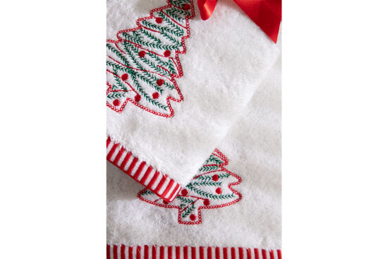 İKİLİ 45X70 cm ÇAM AĞAÇ NAKIŞLI HAVLU BEYAZ-KIRMIZI - 5