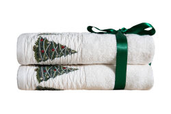 İKİLİ 45X70 cm ÇAM AĞAÇ NAKIŞLI HAVLU BEYAZ-K.YEŞİL - HOME SWEET HOME