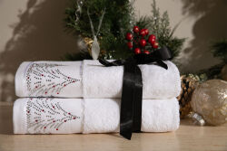 İKİLİ 45X70 cm ÇAM AĞACI HAVLU BEYAZ-KIRMIZI TAŞLI - 3