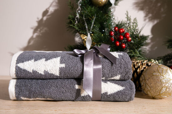 İKİLİ 45X70 cm ÇAM AĞACI JAKAR HAVLU GRİ - 3