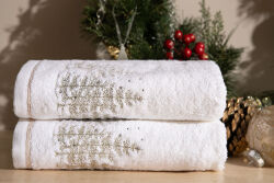 İKİLİ 45X70 cm ÇAM AĞAÇLI KUTULU HAVLU BEYAZ-MİX - 3