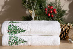 İKİLİ 45X70 cm ÇAM AĞAÇLI KUTULU HAVLU BEYAZ-YEŞİL - 3