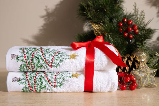 İKİLİ 45X70 cm YILDIZ CAM AĞACI HAVLU BEYAZ-YEŞİL - 3