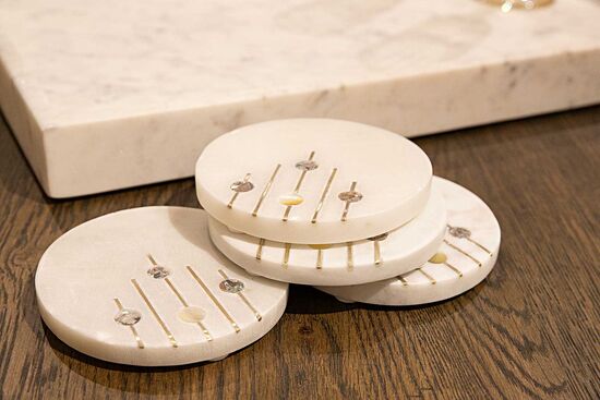 MARBLE 4 LU BARDAK ALTLIGI -SEDEF DETAYLI -10x10cm BEYAZ (AH-13089)