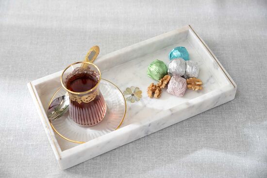 MARBLE TEPSI -SEDEF DETAYLI -30x15x4cm BEYAZ (AH-13090)