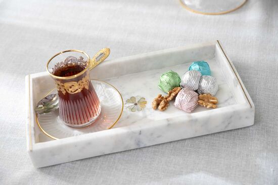MARBLE TEPSI -SEDEF DETAYLI -30x15x4cm BEYAZ (AH-13090)