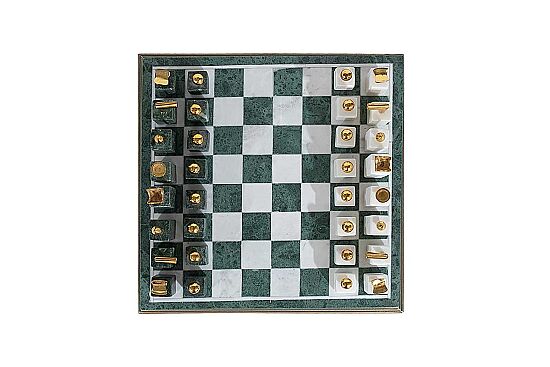 MERMER SATRANÇ SETİ - MERMER OYUN TAŞLARI -BEYAZ/K.YEŞİL MERMER - 35.56X35.56X7.5 CM HDN-1055 - 3