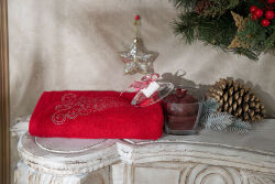 NAR MUMLUK/ÇAM AĞACI TAŞLI HAVLU 45x70 cm KUTULU SET KIRMIZI - HOME SWEET HOME