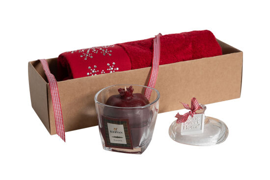 NAR MUMLUK/BÜYÜK KARTANESİ TAŞLI HAVLU 45x70 cm KUTULU SET KIRMIZI - 1