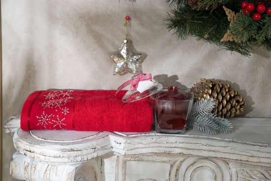 NAR MUMLUK/BÜYÜK KARTANESİ TAŞLI HAVLU 45x70 cm KUTULU SET KIRMIZI - 5